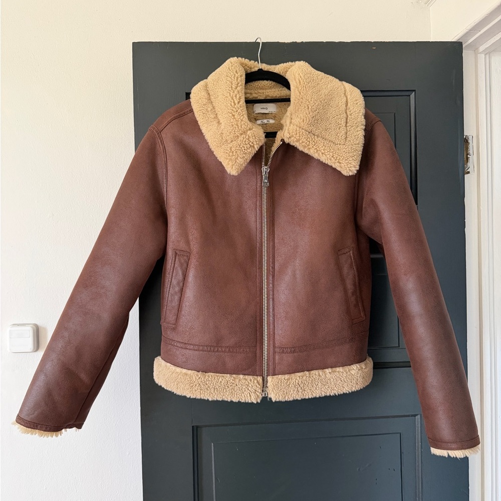 Mango Brown Leather Jacket with Tan Shearling